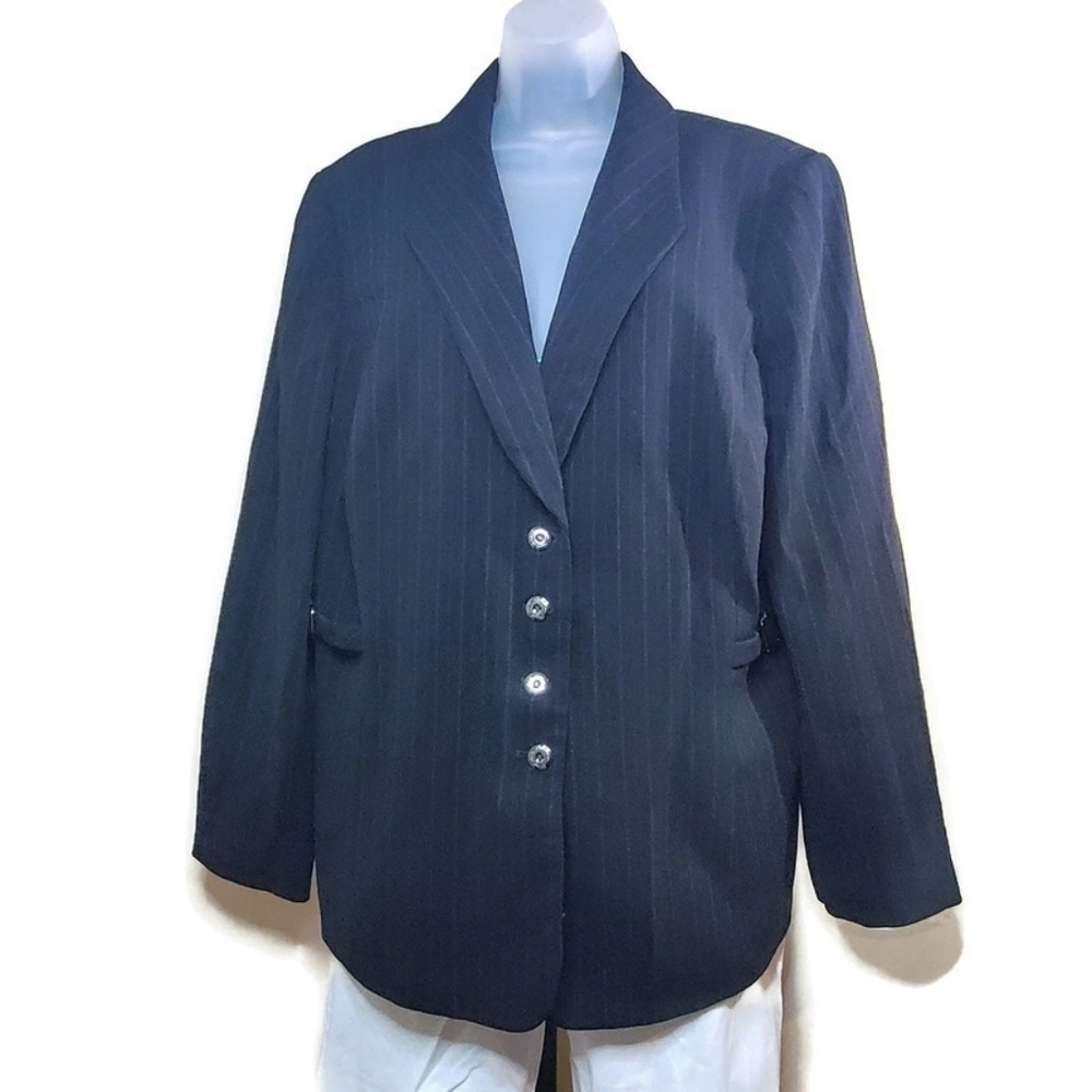 Tahari Black Blazer Gray Vertical Stripes 18W Plus